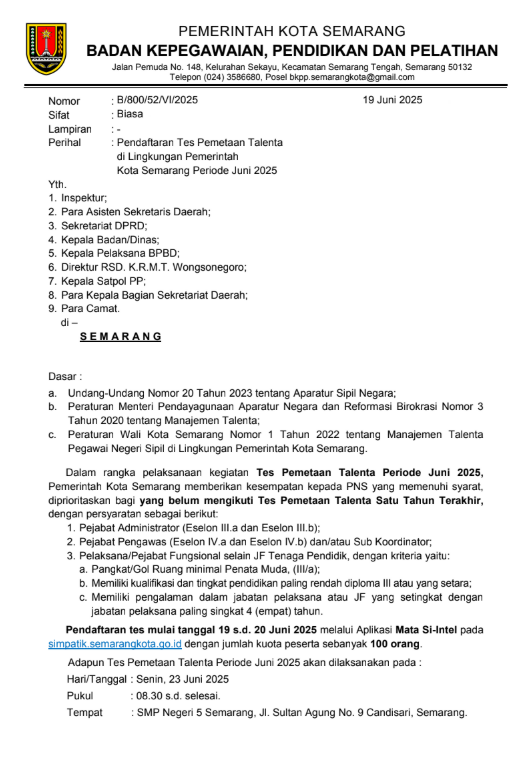 Pendaftaran Tes Pemetaan Talenta di Lingkungan Pemerintah Kota Semarang Periode Juni 2025